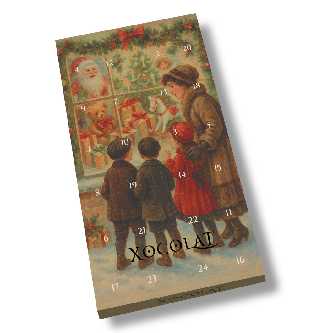 Adventkalender mit 24 Stk. Konfekt, Motiv weihnachtliches Schaufenster