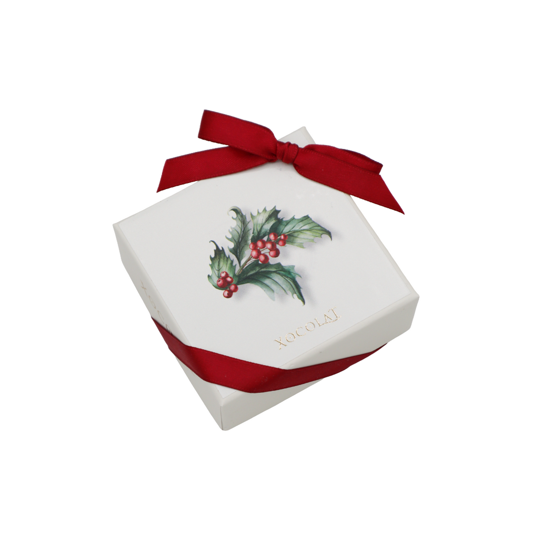 Weihnachtliche Bonbonniere mit Stechpalmen-Motiv und 4 Stück Konfekt