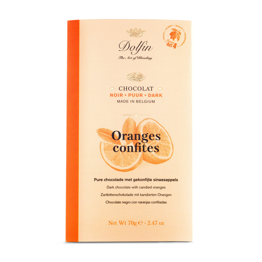Dolfin Zartbitterschokolade mit kandierter Orange