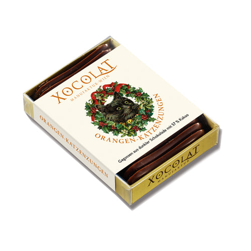 Xocolat Weihnachts-Katzenzungen aus Orangenschokolade 